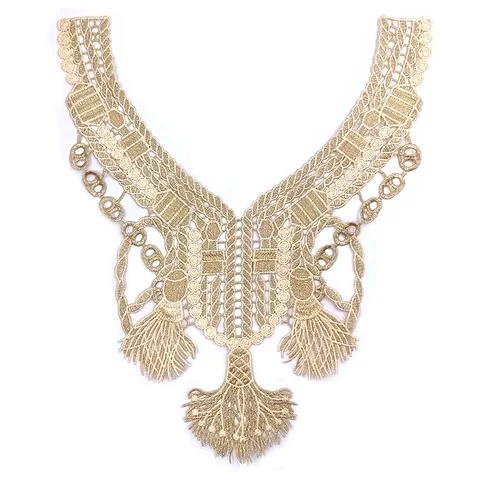Faux Col Brodée en Fil Métallique Doré Dentelle Hydrosoluble Col en V Ajouré Fleur Applique DIY Accessoire de Vêtement Glands