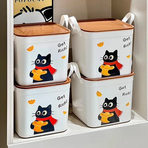 Caja de Almacenamiento Doméstica Portátil Con Tapa Organizador de Plástico PP Antipolvo para Snacks Juguetes Ropa Sala de Estar Escritorio Patrón de Gato