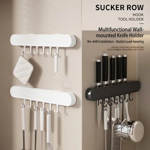 Punch-free Wall-mounted Knife Rack Kitchen Storage Organizer With Hooks Suction Cup ABS Plastic Knife Holder Shelf