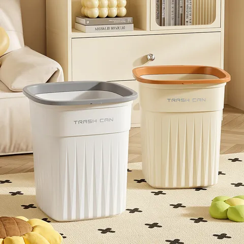 Cream Style Large Capacity Trash Can Press Ring Design Thickened PP Plastic Garbage Bin For Kitchen Living Room Bedroom Bathroom Durable Household Paper Basket