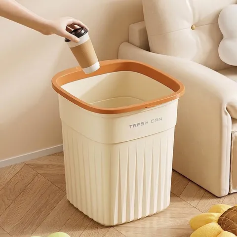 Cream Style Large Capacity Trash Can Press Ring Design Thickened PP Plastic Garbage Bin For Kitchen Living Room Bedroom Bathroom Durable Household Paper Basket