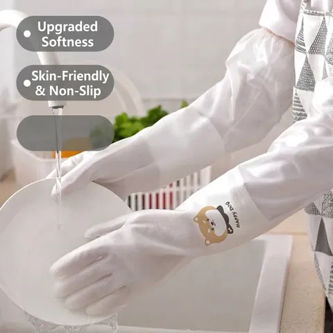 Lange Waterdichte Keukenhandschoenen Voor Afwassen Thermische Pluche Voering Huishoudelijke Reiniging PVC Handschoenen Antislip Verlengde Manchet Witte Cartoon Hond Patroon