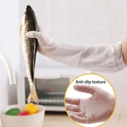 Lange Waterdichte Keukenhandschoenen Voor Afwassen Thermische Pluche Voering Huishoudelijke Reiniging PVC Handschoenen Antislip Verlengde Manchet Witte Cartoon Hond Patroon