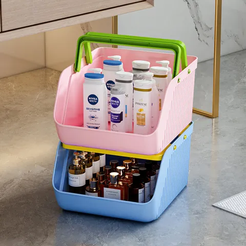 Dopamine Color Portable Stackable Storage Basket PET Plastic Large Opening Desktop Organizer Box For Snacks Stationery Cosmetics