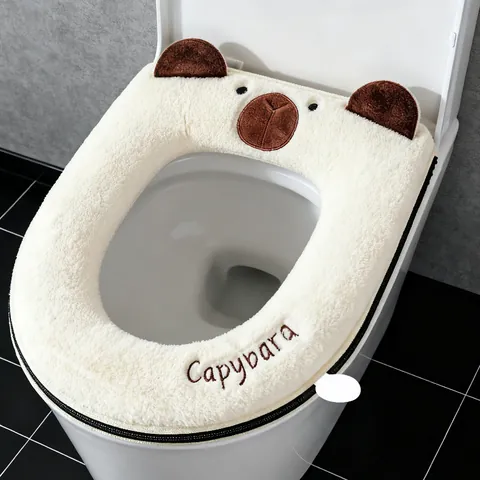 Süße Capybara Bär Plüsch Toilettensitzbezug Verdickte Warme Winter Toilettenmatte Mit Reißverschluss Und Griff Universal Badezimmer Dekor