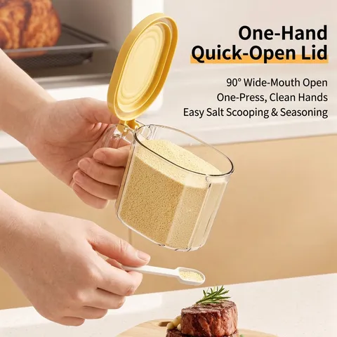 Large Capacity Transparent PET Condiment Pot With Spoon Moisture-Proof Seasoning Box Household Salt Pepper Storage Jar One-Hand Opening