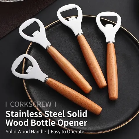 Manual Stainless Steel Beer Bottle Opener With Ergonomic Beech Wood Handle Handheld Soda Opener For Bar Kitchen Party Household Tool