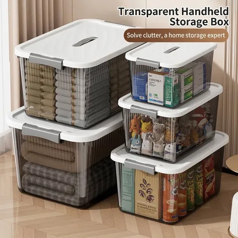 Stackable Transparent Plastic Storage Box With Lid And Handle Large Capacity Clothes Organizer Bin For Dormitory Car Home