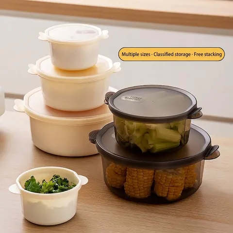 Refrigerator Food Storage Box PP Plastic Stackable Airtight Kitchen Crisper Container For Food Classification Beige Black