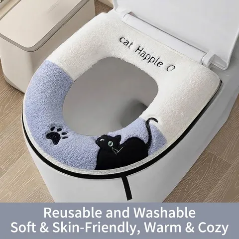 Warm Thickened Plush Toilet Seat Cushion Zipper Washable Cartoon Cat Waterproof Back Soft Cotton Velvet Seat Cover