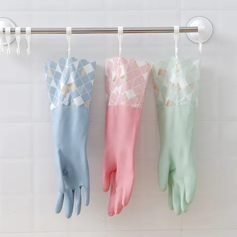 Guanti da Pulizia Impermeabili Foderati in Pile Colore Morandi Guanti per Lavare i Piatti in PVC Extra Lunghi Con Polsini Geometrici