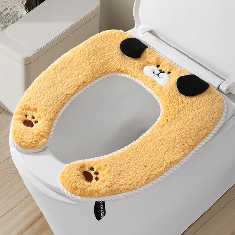 Funda de Asiento de Inodoro de Perro de Dibujos Animados Terciopelo de Algodón Engrosado Cálido Suave Lavable Universal Baño