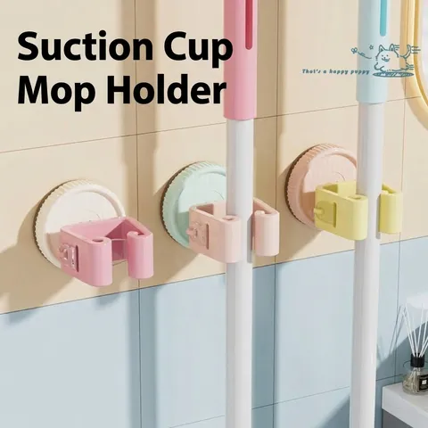 Suction Cup Mop Holder Punch-Free Wall-Mounted Broom Organizer ABS Storage Rack For Bathroom Kitchen Home Dopamine Colors