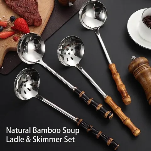 Stainless Steel Soup Ladle And Slotted Spoon Set With Long Natural Bamboo Handle Heat Resistant Kitchen Utensils For Hot Pot And Cooking