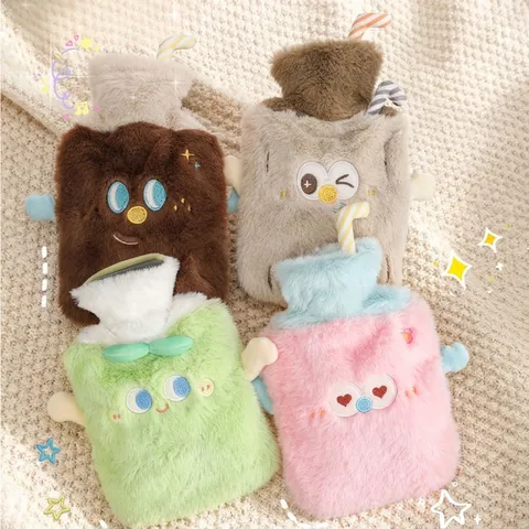 Cartoon Plush Hot Water Bag Explosion-Proof PVC Hand Warmer With Removable Faux Rabbit Fur Cover Soft Warm Water Bottle