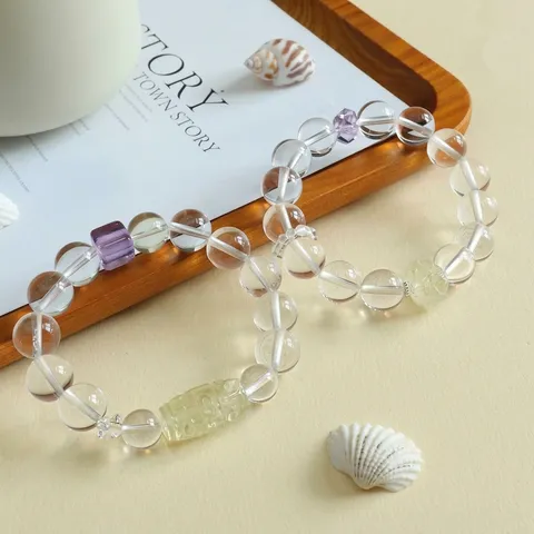 Natürliche Citrin Amethyst Weißer Kristall Perlen Armband Für Damen Nische Design Neun-Augen-Dzi Lotus Charm Elastisches Armband Zen Schmuck