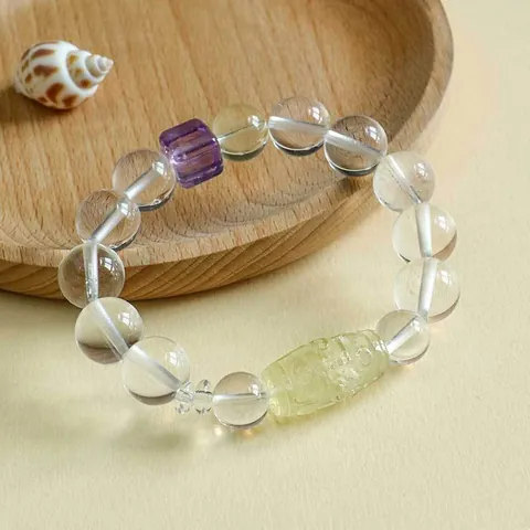 Natürliche Citrin Amethyst Weißer Kristall Perlen Armband Für Damen Nische Design Neun-Augen-Dzi Lotus Charm Elastisches Armband Zen Schmuck