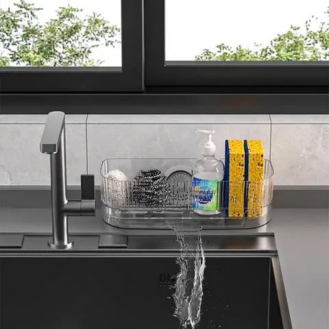 Transparent Kitchen Sink Organizer Striped Plastic Sponge Holder Dishcloth Storage Rack For Home Bathroom Countertop Drain Tray