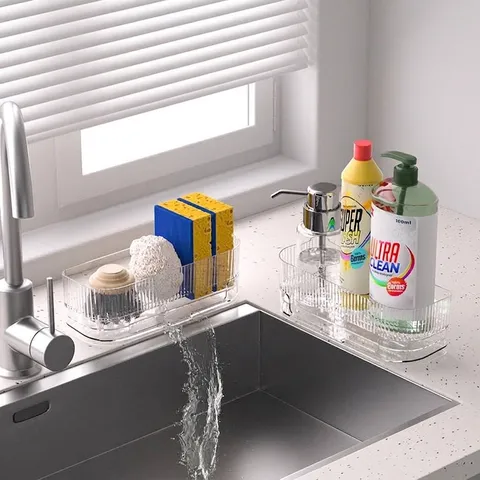 Transparent Kitchen Sink Organizer Striped Plastic Sponge Holder Dishcloth Storage Rack For Home Bathroom Countertop Drain Tray