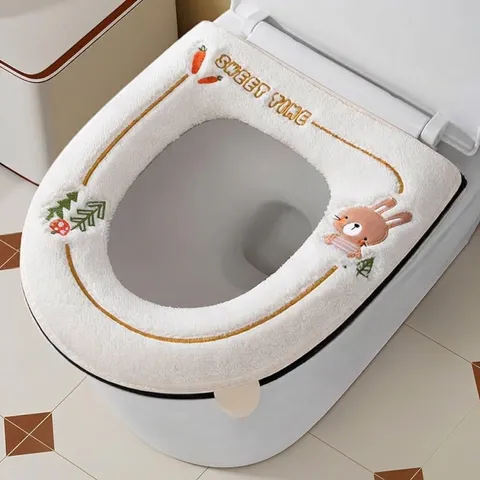 Winter Thick Plush Toilet Seat Cover With Cute Cartoon Rabbit Embroidery Warm Washable Bathroom Cushion Cover Zipper Style Handle