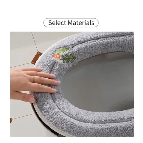 Winter Thick Plush Toilet Seat Cover With Cute Cartoon Rabbit Embroidery Warm Washable Bathroom Cushion Cover Zipper Style Handle