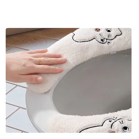 Universal Verdickte Plüsch Toilettensitzkissen Mit Griff Waschbar Klebend Cartoon Katze Stickerei Winter Warm Badezimmer Bezug
