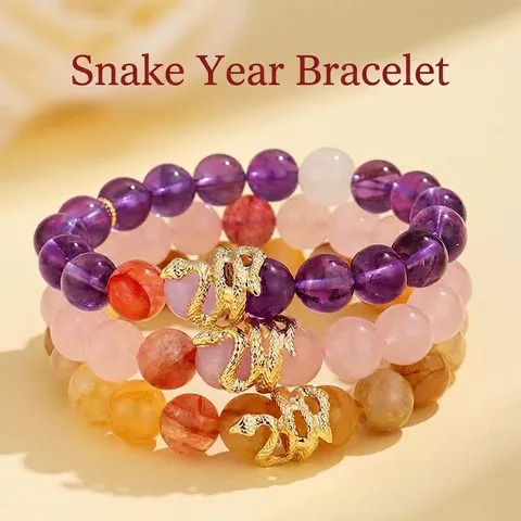 Natural Rose Quartz Amethyst Citrine Beaded Bracelet For Women Year Of The Snake Zodiac Snake Charm Healing Crystal Bracelet Jewelry Gift