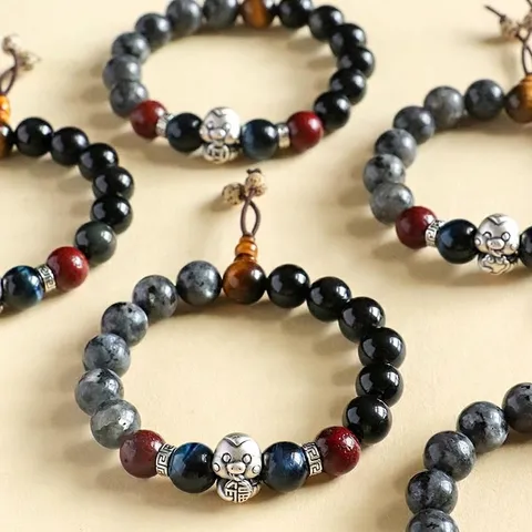 Handmade Natural Black Agate Blue Tiger Eye Beaded Bracelet For Men Women Fine Silver Zodiac Snake Fortune Charm Ethnic Jewelry
