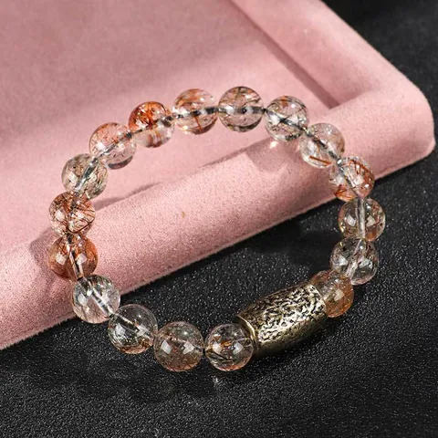 Pulsera de Cuentas de Cuarzo Rutilado Super Siete Negro Natural Vintage Para Mujer Hombre Cuenta de Metal Dorado Joyería de Cristal