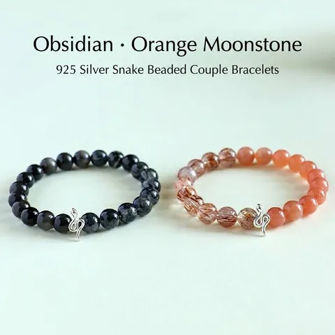 925 Sterling Silver Snake Natural Stone Beaded Bracelet Sunstone Black Rutilated Quartz Obsidian Healing Crystal Jewelry