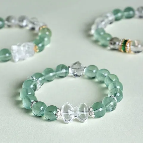 Natural Green Fluorite White Crystal Beaded Bracelet For Women Handmade Pi Xiu Bow Bracelet Rhinestone Gemstone Jewelry Gift