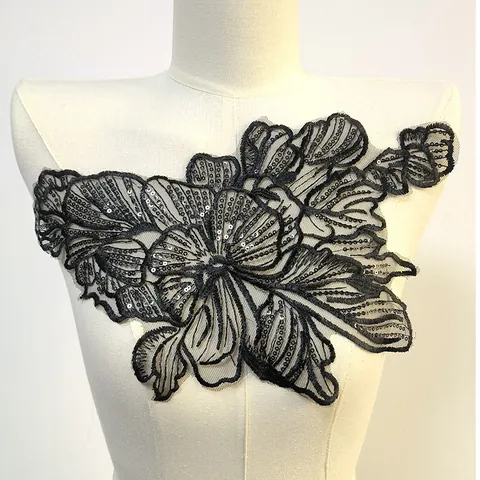 Water Soluble Lace Sequin Embroidery Patch Floral Applique Mesh Lace Trim For Wedding Dress Evening Gown DIY Sewing Accessories