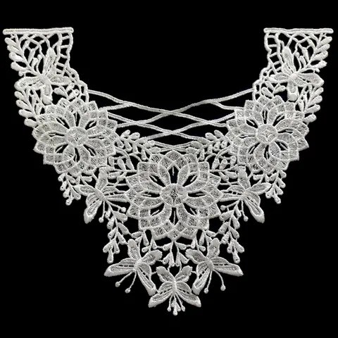 Élégant Faux Col en Dentelle Blanche à Broderie Ajourée avec Paillettes Hydrosoluble Fleur Papillon Accessoires de Vêtement