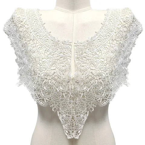 Women Elegant White Polyester Water Soluble Embroidered Fake Collar Delicate Hollow Out Lace Patch For Dresses V Neck DIY Clothing Accessory
