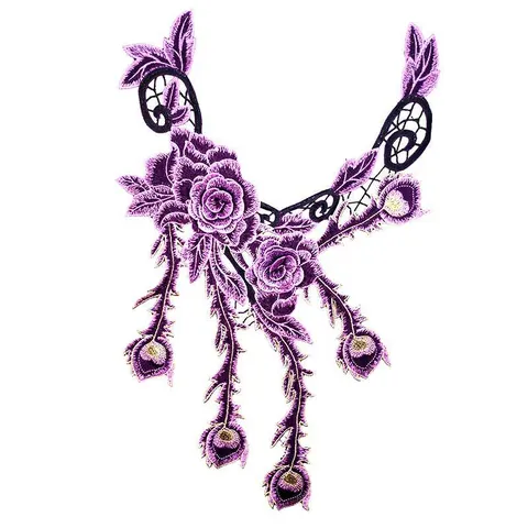 Stile Etnico 3D Fiore Ricamato Pizzo Idrosolubile Finto Colletto Svuotato Rosa Piuma di Pavone Floreale Applicazione per Vestito da Donna Fai da Te Decorazione Abbigliamento Bordo