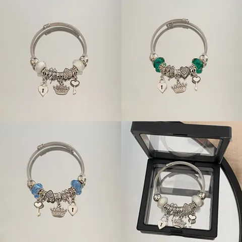 Stainless Steel Heart Crown Charm Bangle Bracelet For Women Sweet DIY Beaded Open Cuff Bracelet With Gift Box Jewelry