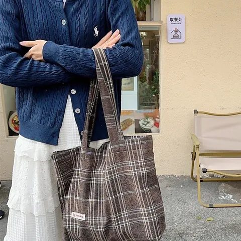 Sac Cabas Carreaux en Laine Grande Capacité Décontracté pour Femmes Sac Bandoulière Tissé Vintage Automne Hiver Quotidien