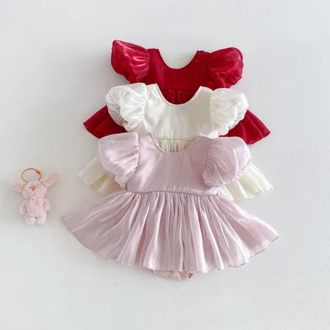 Baby Girls Summer Birthday Party Dress Infant Cute Puff Sleeve Mesh Romper Princess Dress Toddler Clothing