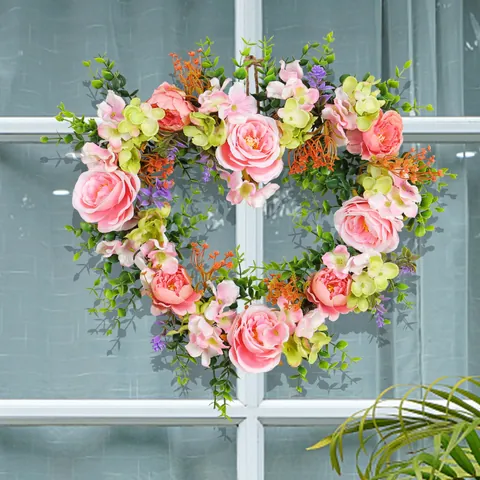 Valentine's Day Heart Shaped Wreath Pink Rose Artificial Flower Wreath For Wedding Home Door Decor Heart Flower Garland