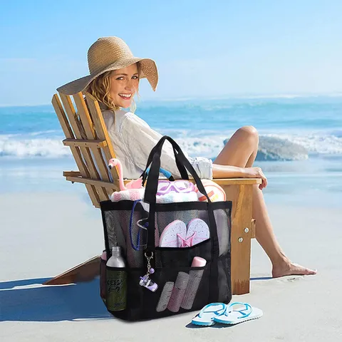 Large Capacity Mesh Beach Bag Multi Functional Travel Tote Bag Breathable Swimwear Storage Bag For Outdoor Travel