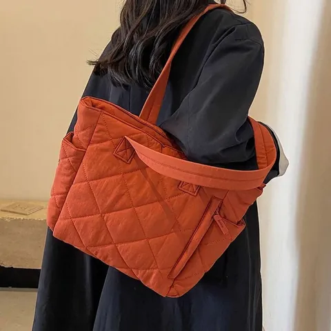 Women Large Capacity Nylon Tote Bag Rhombic Quilted Puffer Shoulder Bag For Commute Travel Work Versatile Everyday Handbag