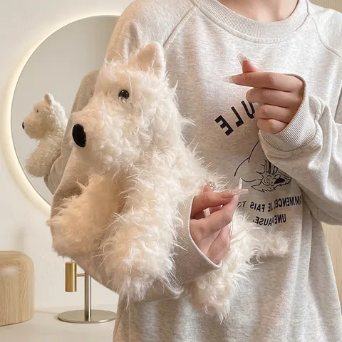 Borsa a Tracolla da Donna a Forma di Cane in Peluche Bianco Stile West Highland Terrier Cartone Animato Borsa Invernale
