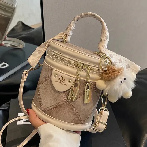 Women Crossbody Bucket Bag PU Leather Cylinder Handbag With Scarf Handle Quilted Stitching Plush Charm Daily Fashion