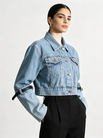Women Cropped Denim Jacket Washed Light Blue Washed Jean Coat With Black Leather Belt Sleeve Detail Lapel Outerwear