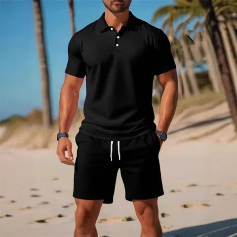 Conjunto de Polo y Pantalones Cortos Casuales de Verano para Hombre Malla Transpirable Textura Gofre Top And Bottom