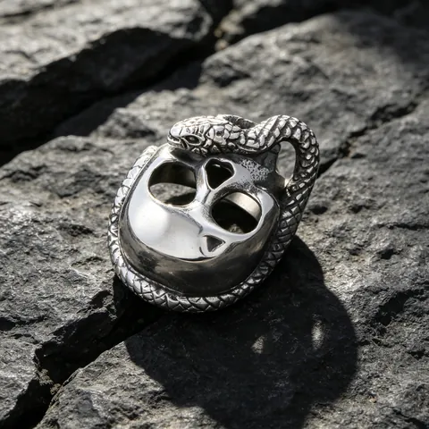 Gothic Skull And Snake Stainless Steel Ring For Men Retro Punk Rock Skeleton Serpent Biker Band Fashion Jewelry Accessory
