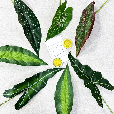Artificial Green Plant Single Alocasia Leaf Begonia Leaf Caladium Leaf Fake Plant Wall Home Living Room Decor