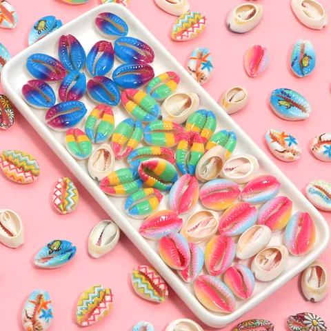 Natural Shell Beads Painted Sea Turtle Flower Pattern Cowrie Shell Charms For DIY Necklace Bracelet Jewelry Making Accessories