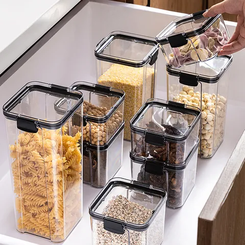 Transparent Plastic Kitchen Food Storage Jar Airtight Container For Dry Goods Snacks Grains Nuts Moisture-Proof