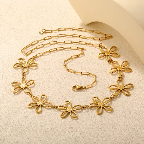 Squisita Catena da Vita in Acciaio Inossidabile con Fiore a Cinque Petali Placcata Oro 18K Cintura a Maglie Geometriche da Donna Accessorio Gioielli Lusso